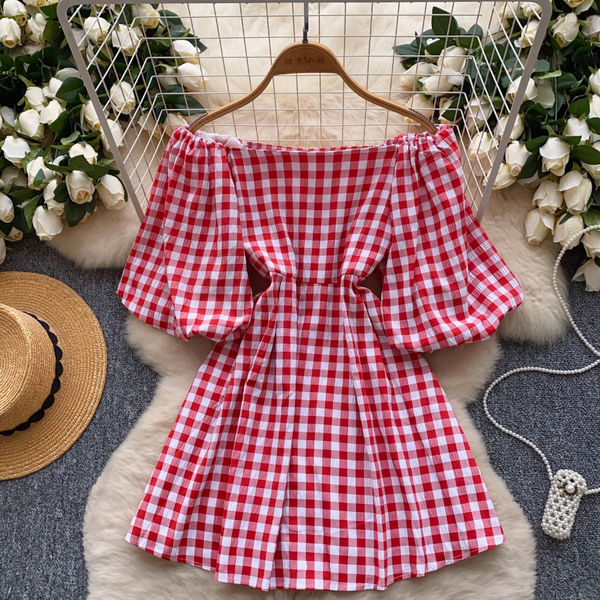 Mori Puffy Sleeve Lace-up Plaid Dress