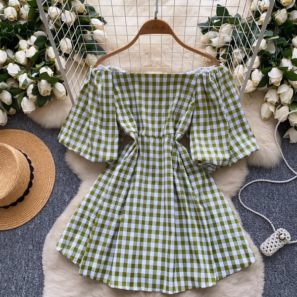 Mori Puffy Sleeve Lace-up Plaid Dress