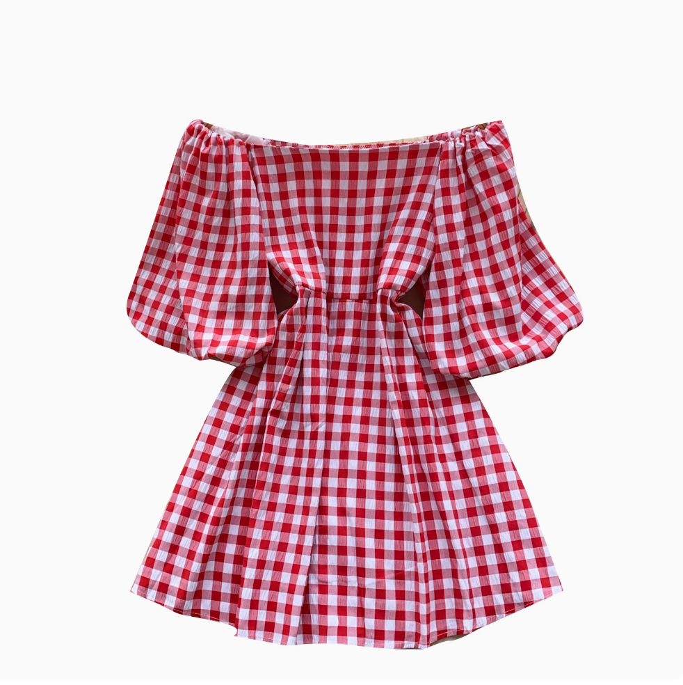 Mori Puffy Sleeve Lace-up Plaid Dress
