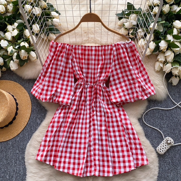 Mori Puffy Sleeve Lace-up Plaid Dress