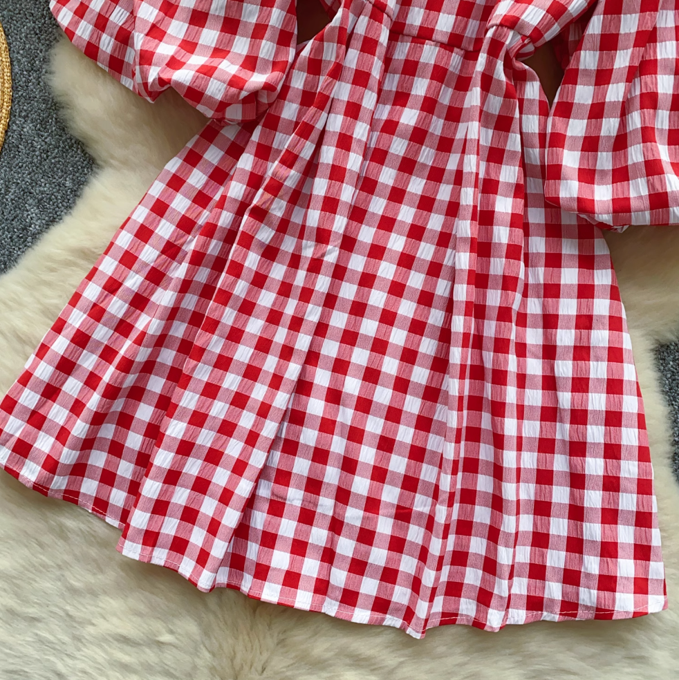 Mori Puffy Sleeve Lace-up Plaid Dress