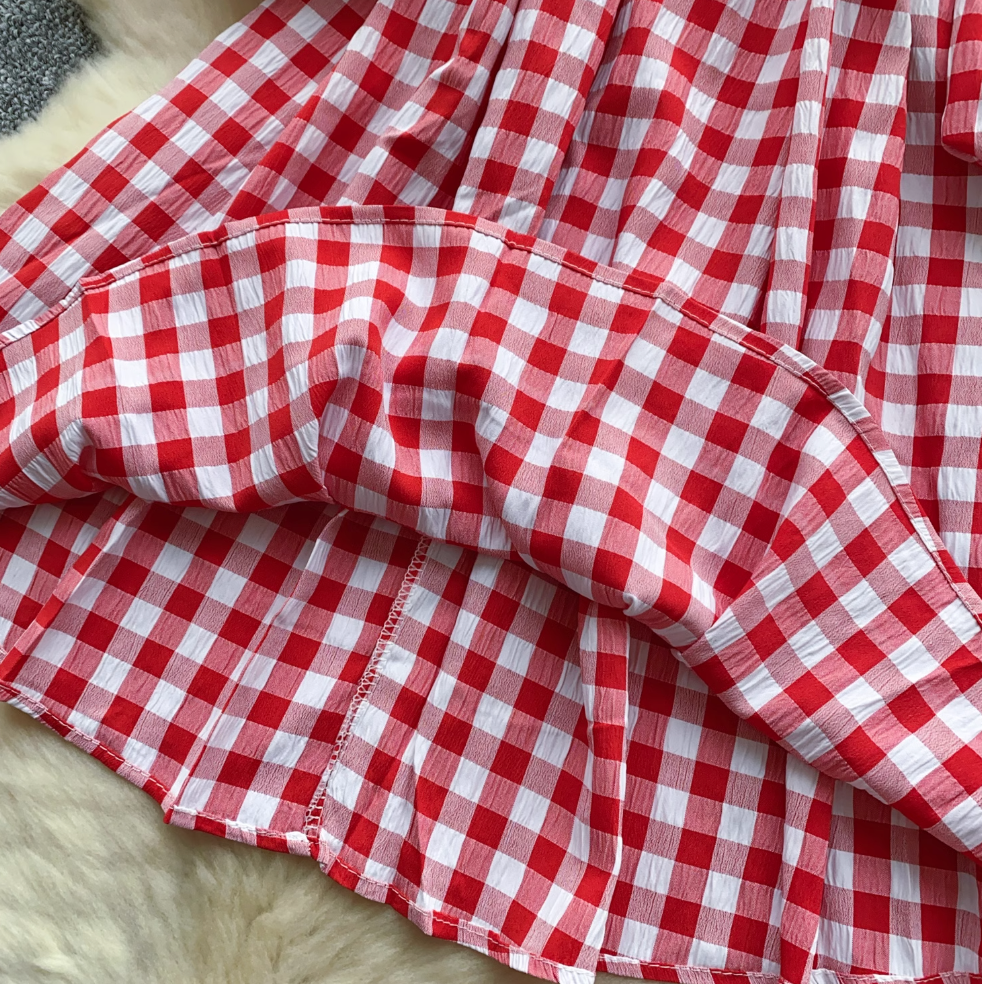 Mori Puffy Sleeve Lace-up Plaid Dress