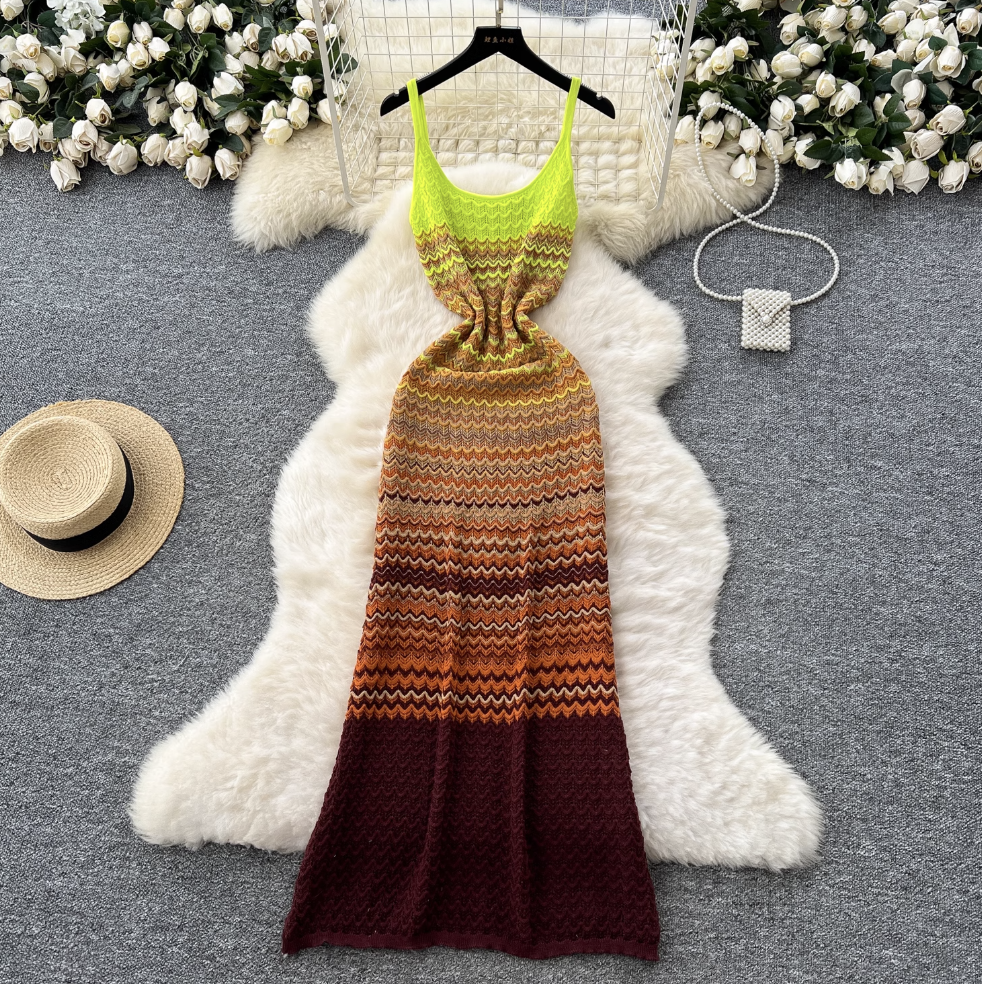 Chic Gradient Color Knitted Slip Dress