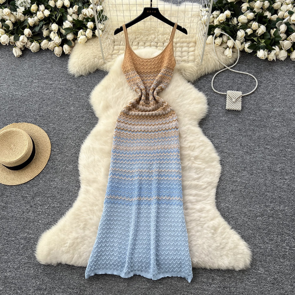 Chic Gradient Color Knitted Slip Dress