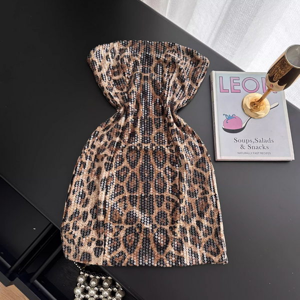Leopard Printed Sequined Strapless Dress