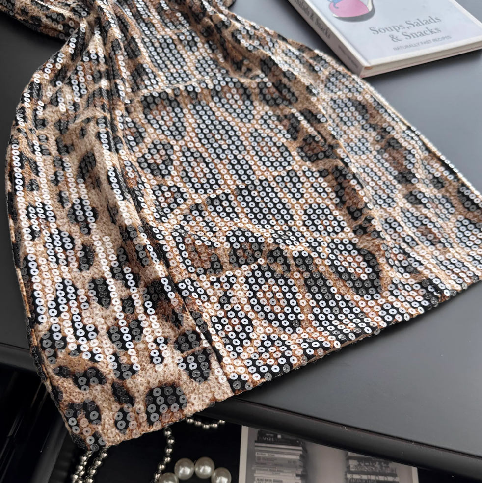 Leopard Printed Sequined Strapless Dress