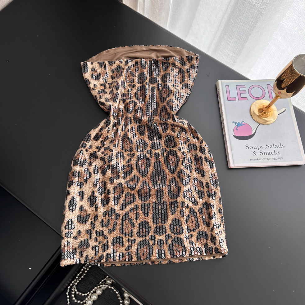Leopard Printed Sequined Strapless Dress