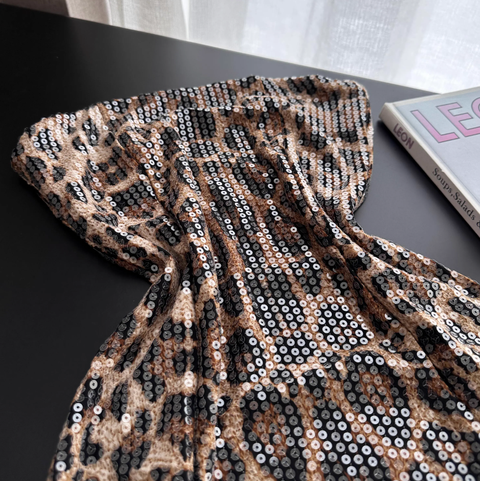 Leopard Printed Sequined Strapless Dress