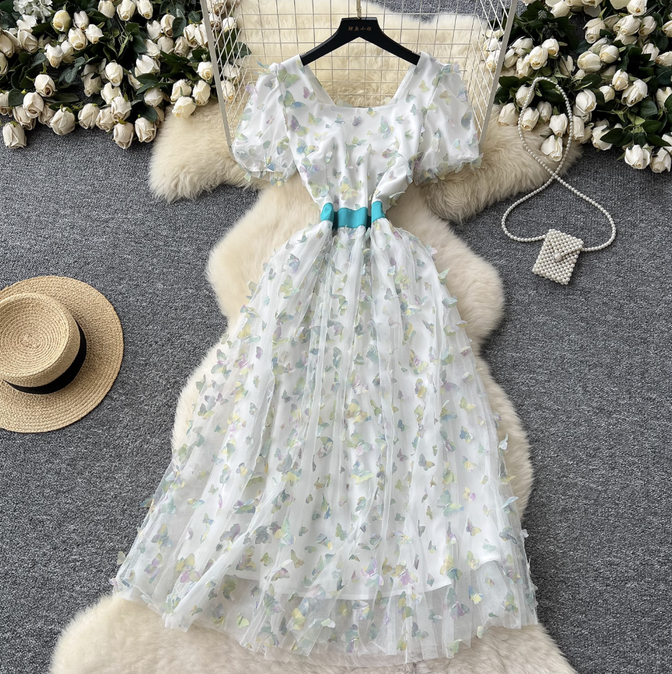 Puffy Sleeve Butterfly Mesh Dress