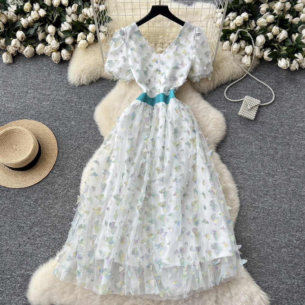 Puffy Sleeve Butterfly Mesh Dress