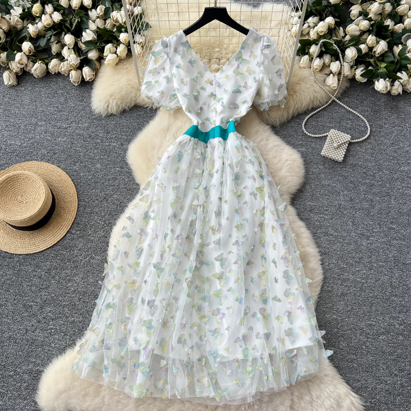Puffy Sleeve Butterfly Mesh Dress