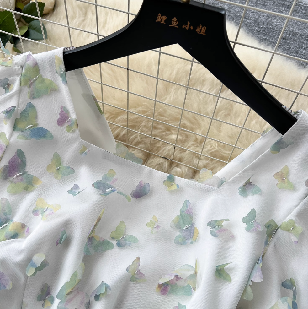 Puffy Sleeve Butterfly Mesh Dress