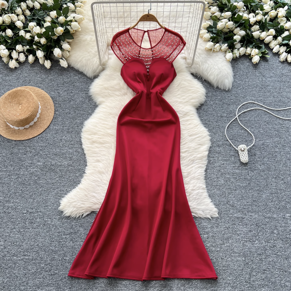 Beaded Mesh Collar Backless Dress