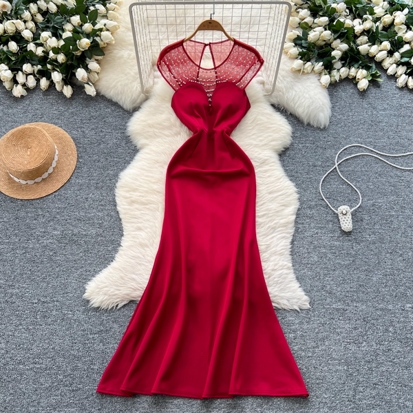 Beaded Mesh Collar Backless Dress