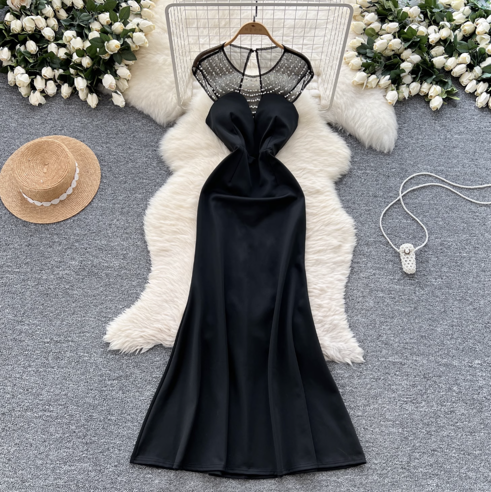 Beaded Mesh Collar Backless Dress