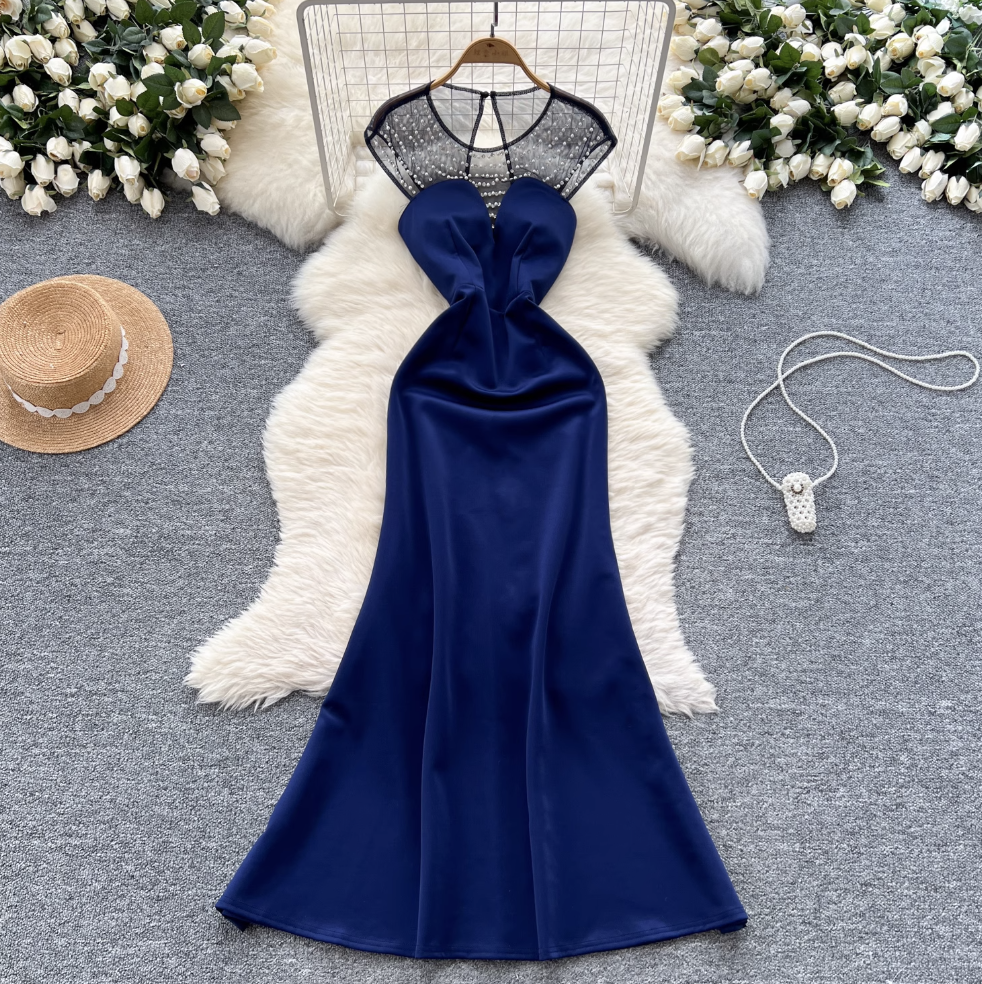 Beaded Mesh Collar Backless Dress