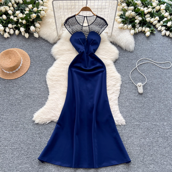 Beaded Mesh Collar Backless Dress