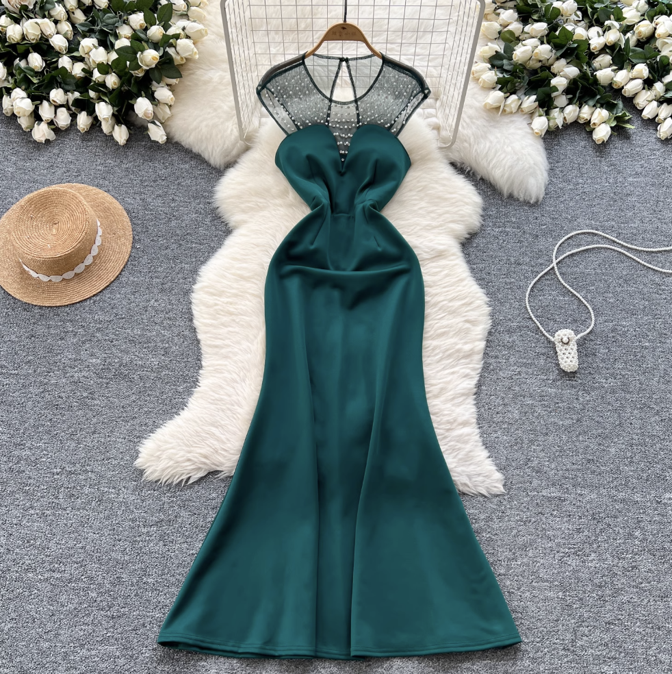Beaded Mesh Collar Backless Dress