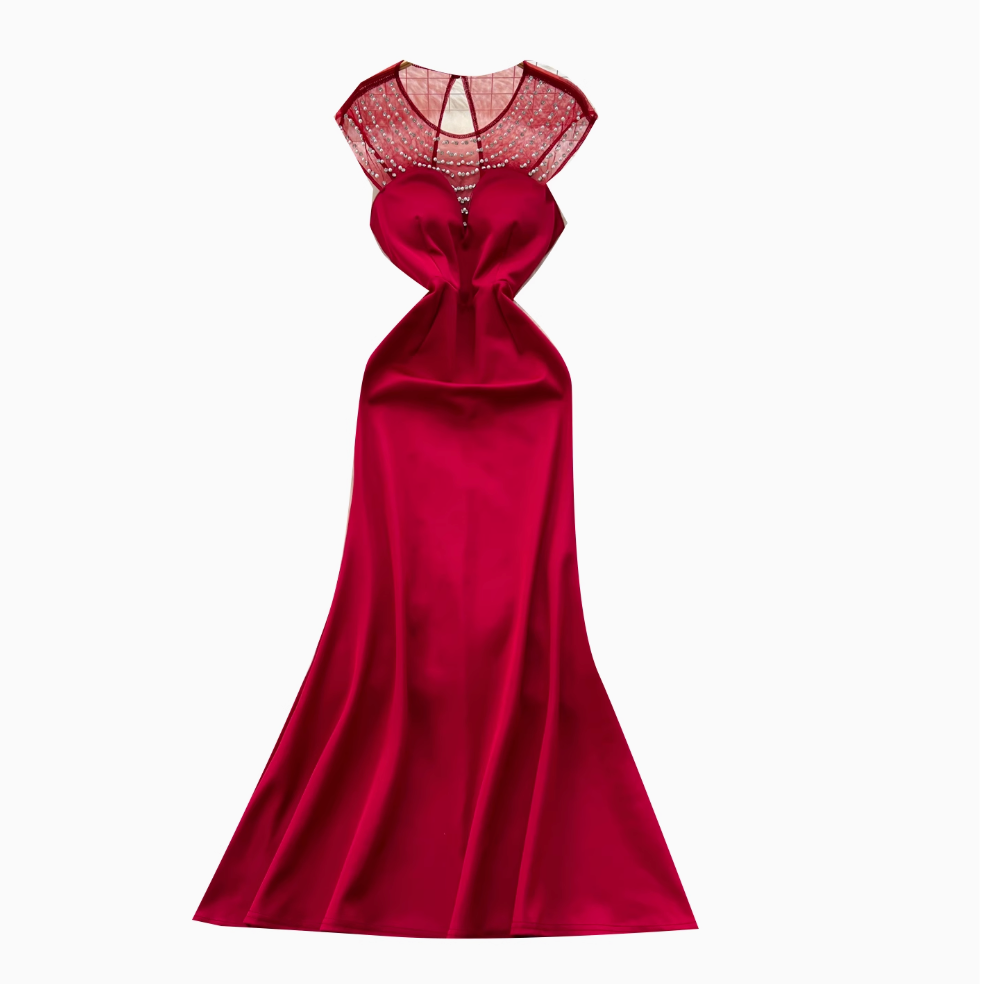 Beaded Mesh Collar Backless Dress
