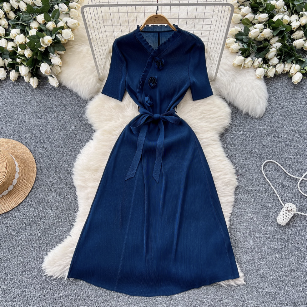 V-neck Ruffled Lace-up Dress