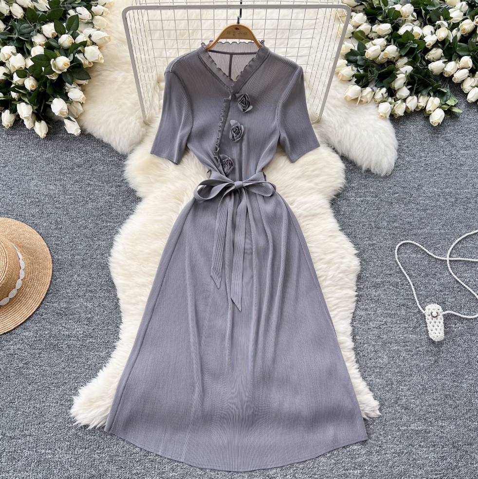 V-neck Ruffled Lace-up Dress