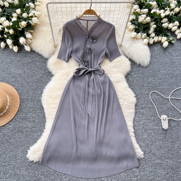 V-neck Ruffled Lace-up Dress