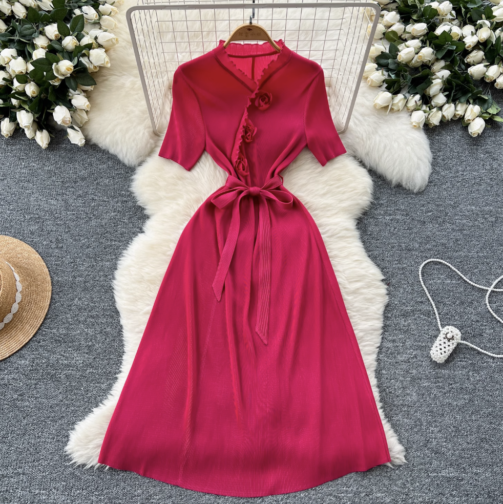 V-neck Ruffled Lace-up Dress