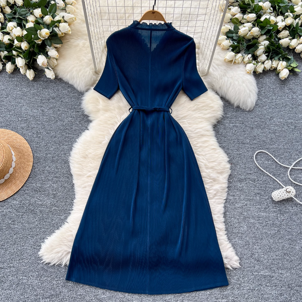 V-neck Ruffled Lace-up Dress