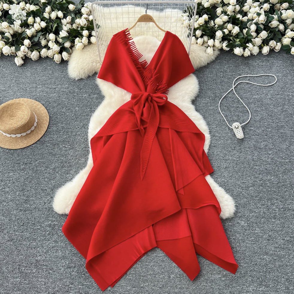 V-neck Fringed Neckline Layered Dress