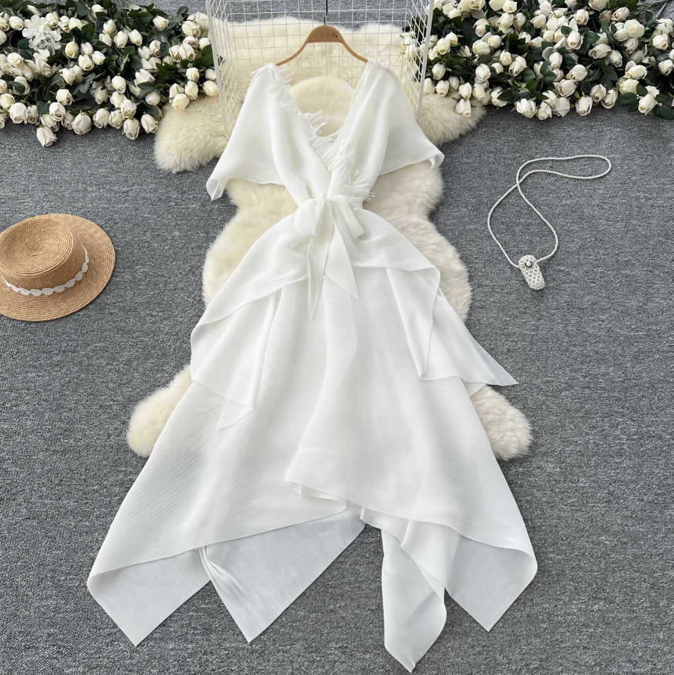V-neck Fringed Neckline Layered Dress