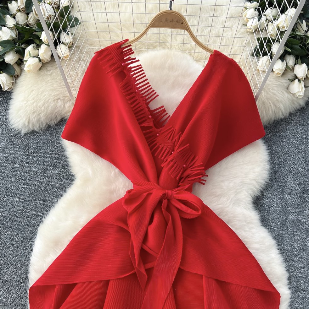 V-neck Fringed Neckline Layered Dress