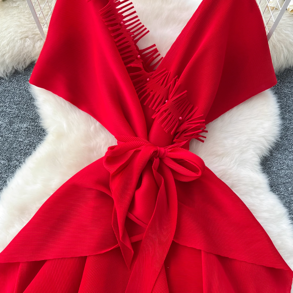 V-neck Fringed Neckline Layered Dress