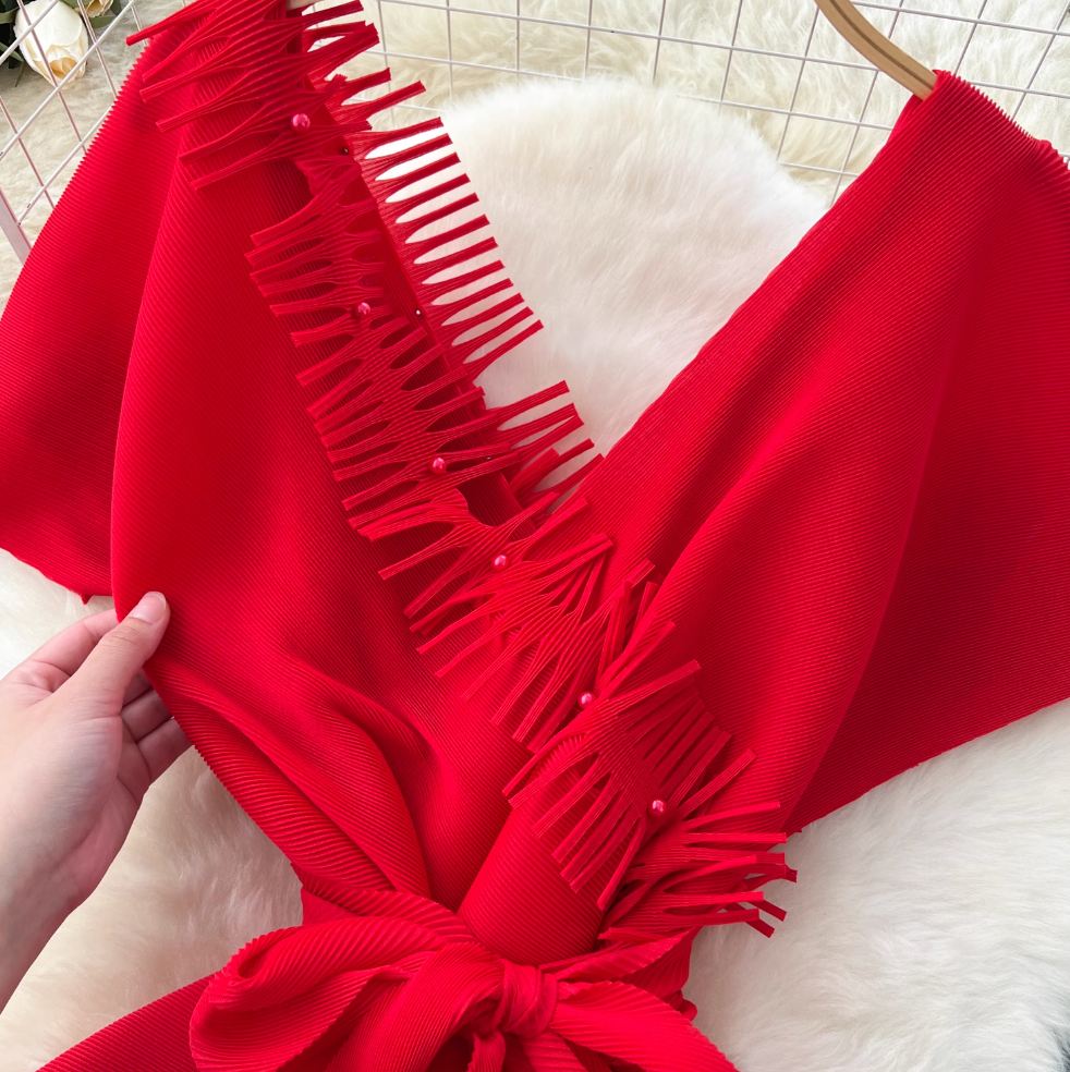 V-neck Fringed Neckline Layered Dress