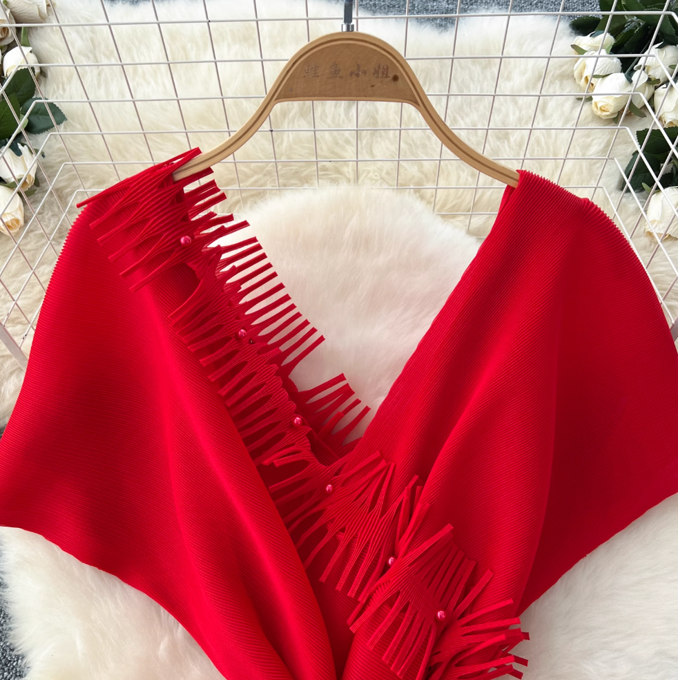 V-neck Fringed Neckline Layered Dress