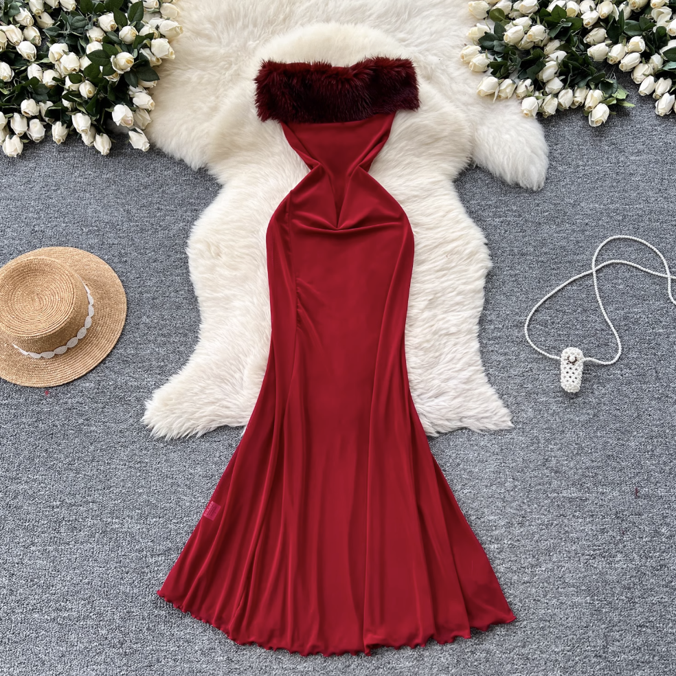 Off-shoulder Furry Patchwork Dress