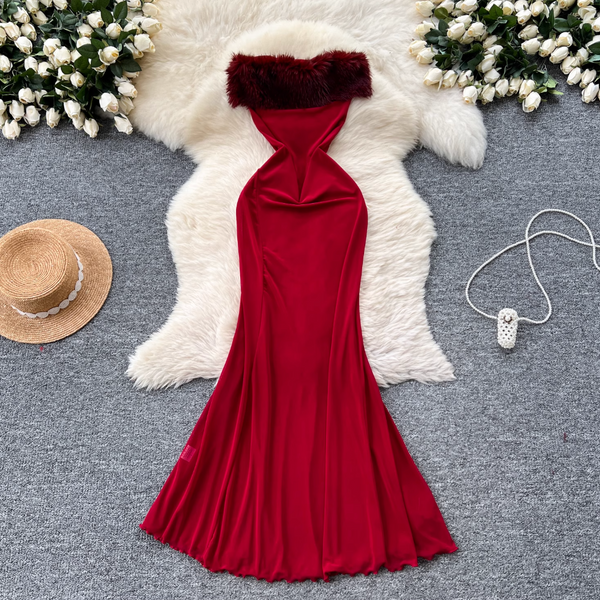 Off-shoulder Furry Patchwork Dress