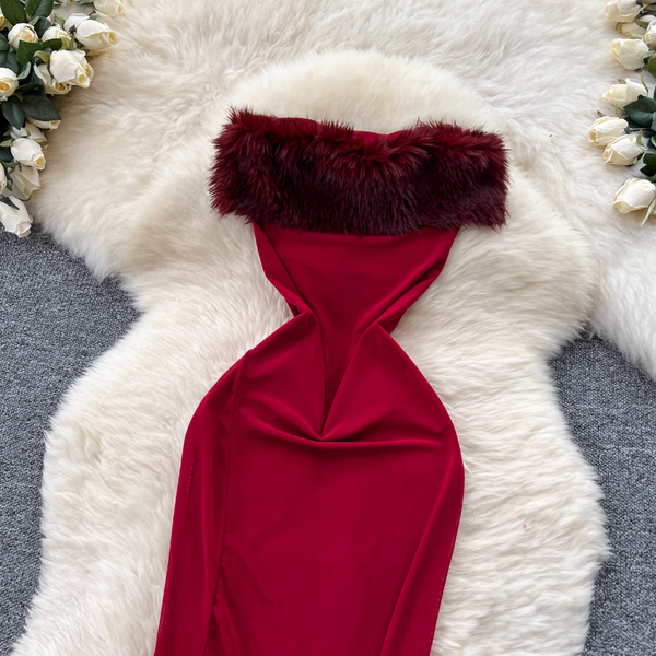 Off-shoulder Furry Patchwork Dress