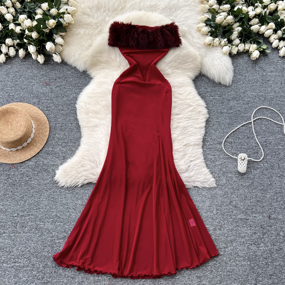 Off-shoulder Furry Patchwork Dress