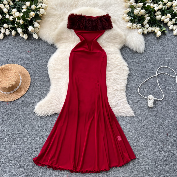 Off-shoulder Furry Patchwork Dress