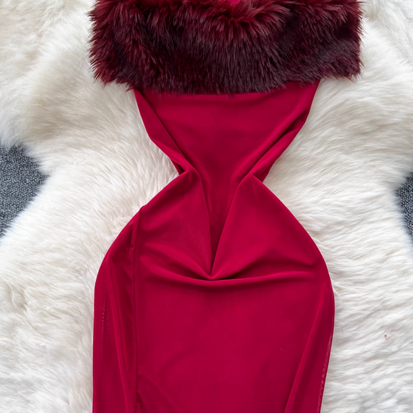 Off-shoulder Furry Patchwork Dress