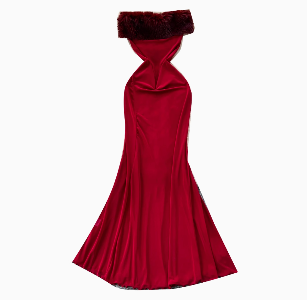 Off-shoulder Furry Patchwork Dress