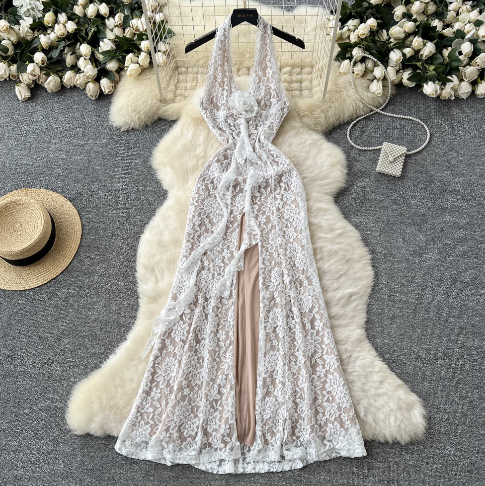 Embroidered Lace Backless Halter Dress