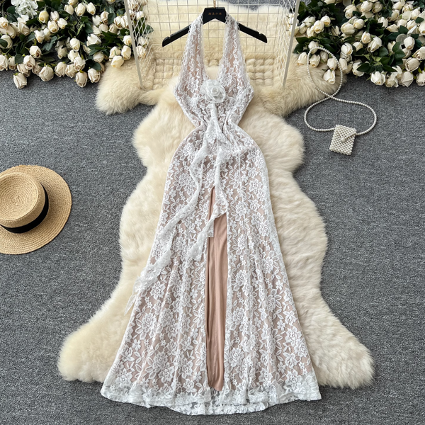 Embroidered Lace Backless Halter Dress