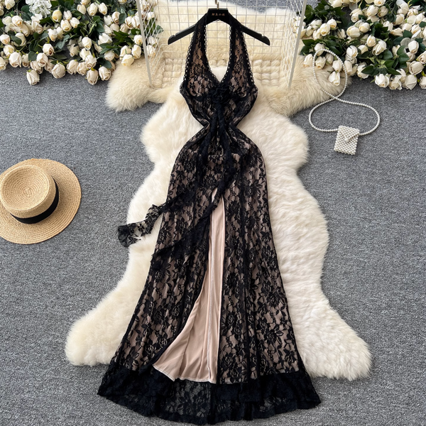 Embroidered Lace Backless Halter Dress