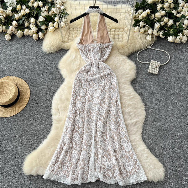 Embroidered Lace Backless Halter Dress