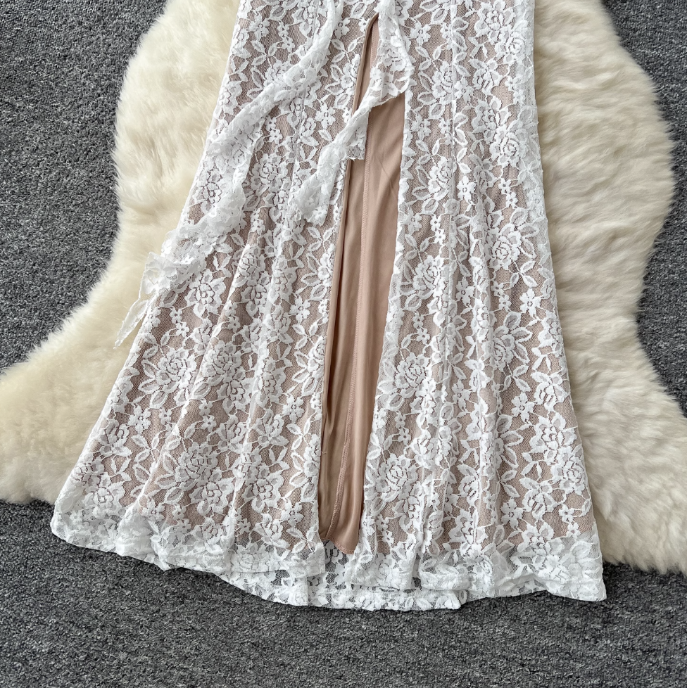Embroidered Lace Backless Halter Dress