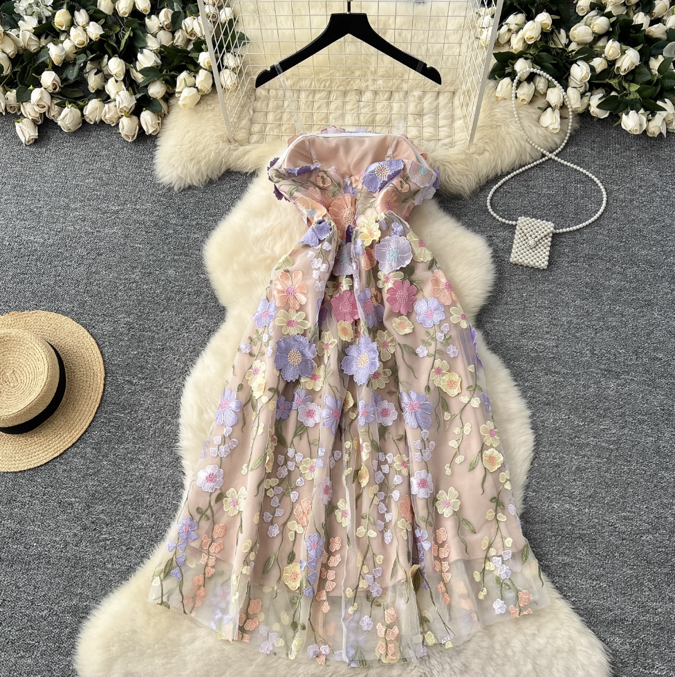 Invisible Strap Colorful Floral Dress