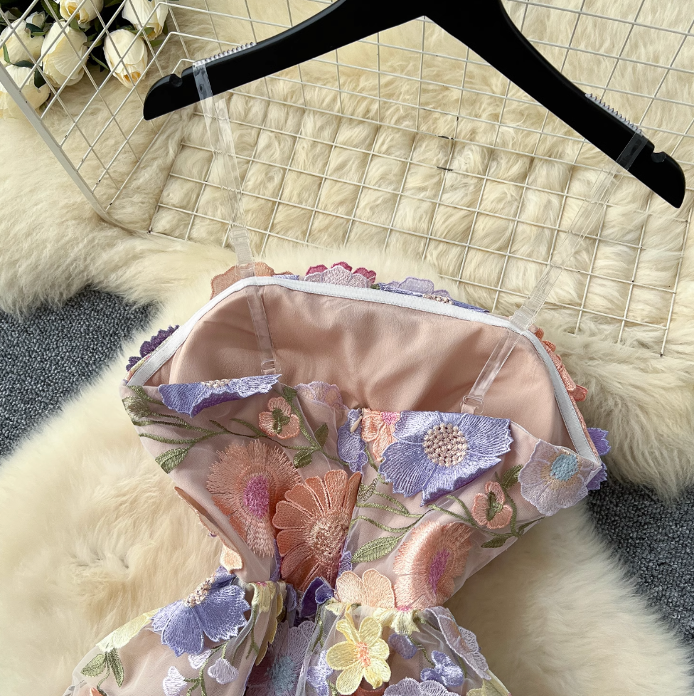 Invisible Strap Colorful Floral Dress