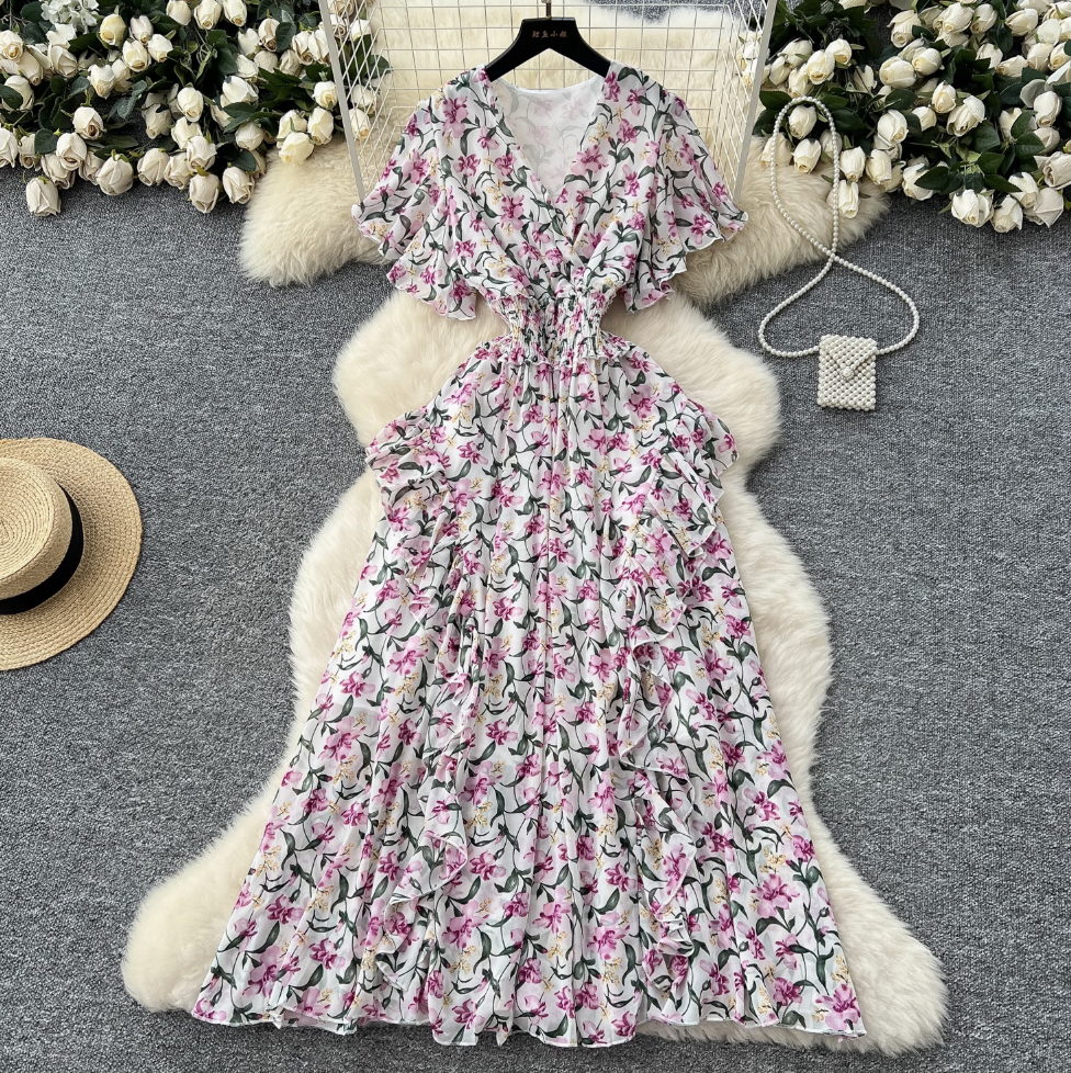 French Style V-neck Floral Dress
