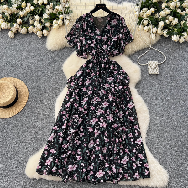 French Style V-neck Floral Dress
